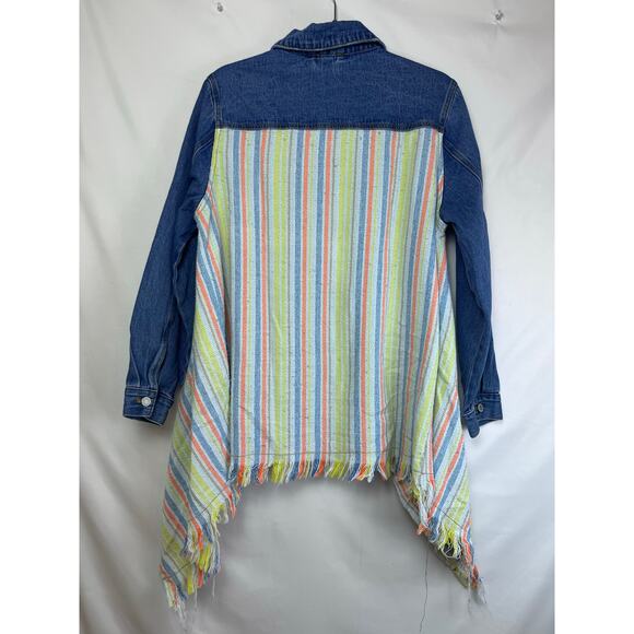 NWT J. NNA Women's Small Blue Denim W Woven Back Long Fringed Side Jean Jacket - Picture 8 of 10